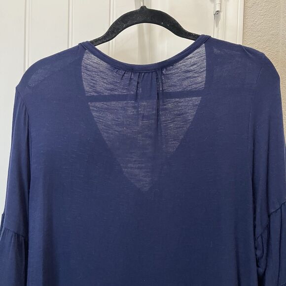 RXB Embroidered Peasant Top Womens Size L Boho Blouse Navy Blue Rayon Knit Soft - Picture 6 of 8